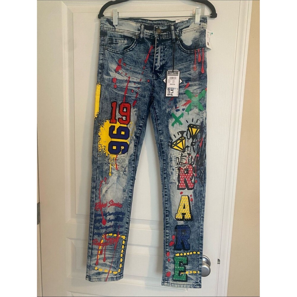 Rue21 Paint-Splatter COOL GRAFFITI Graphic Dark Denim SKINNY Jeans NWT 
Sz 30x30